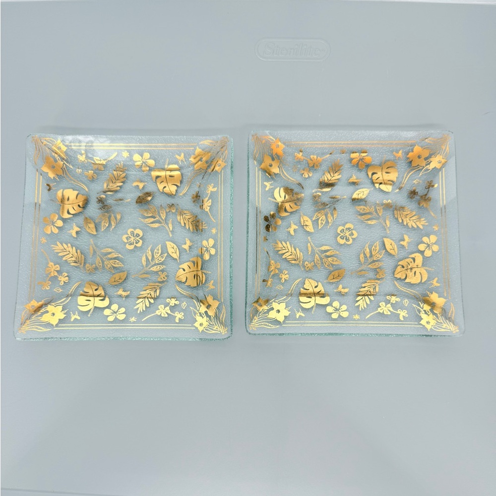 Vintage MCM Glass‎ Plate with Gold-Tone Floral Pattern Square Set of Two